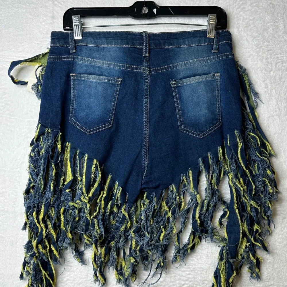 NWT Elocan Luxe Boutique Distressed Denim Fringe Shorts Blue Yellow Festival